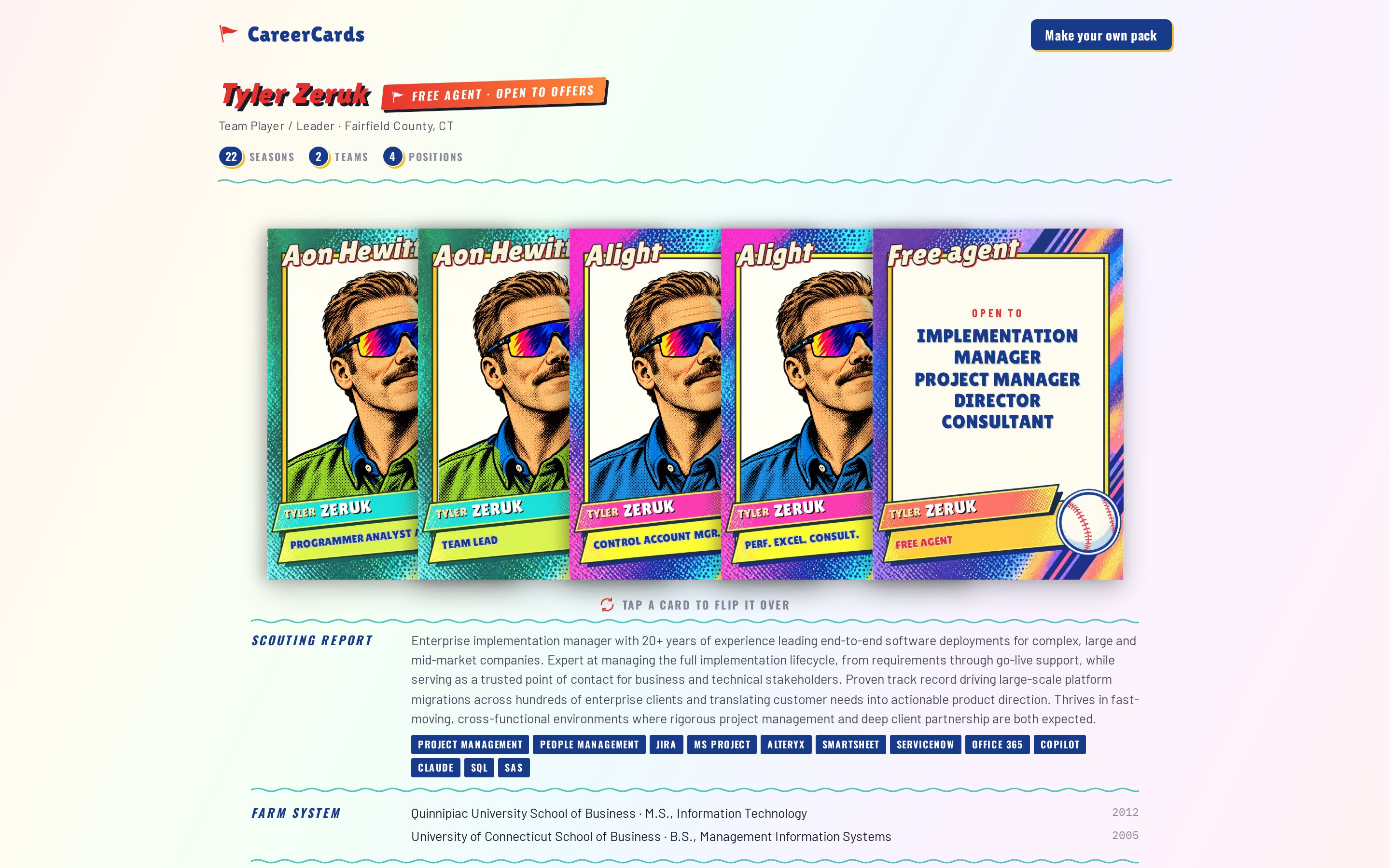 Tyler Zeruk's own shared pack in the Chrome style: four role cards at Aon Hewitt and Alight and a free-agent card, on holographic stock with a nineties portrait