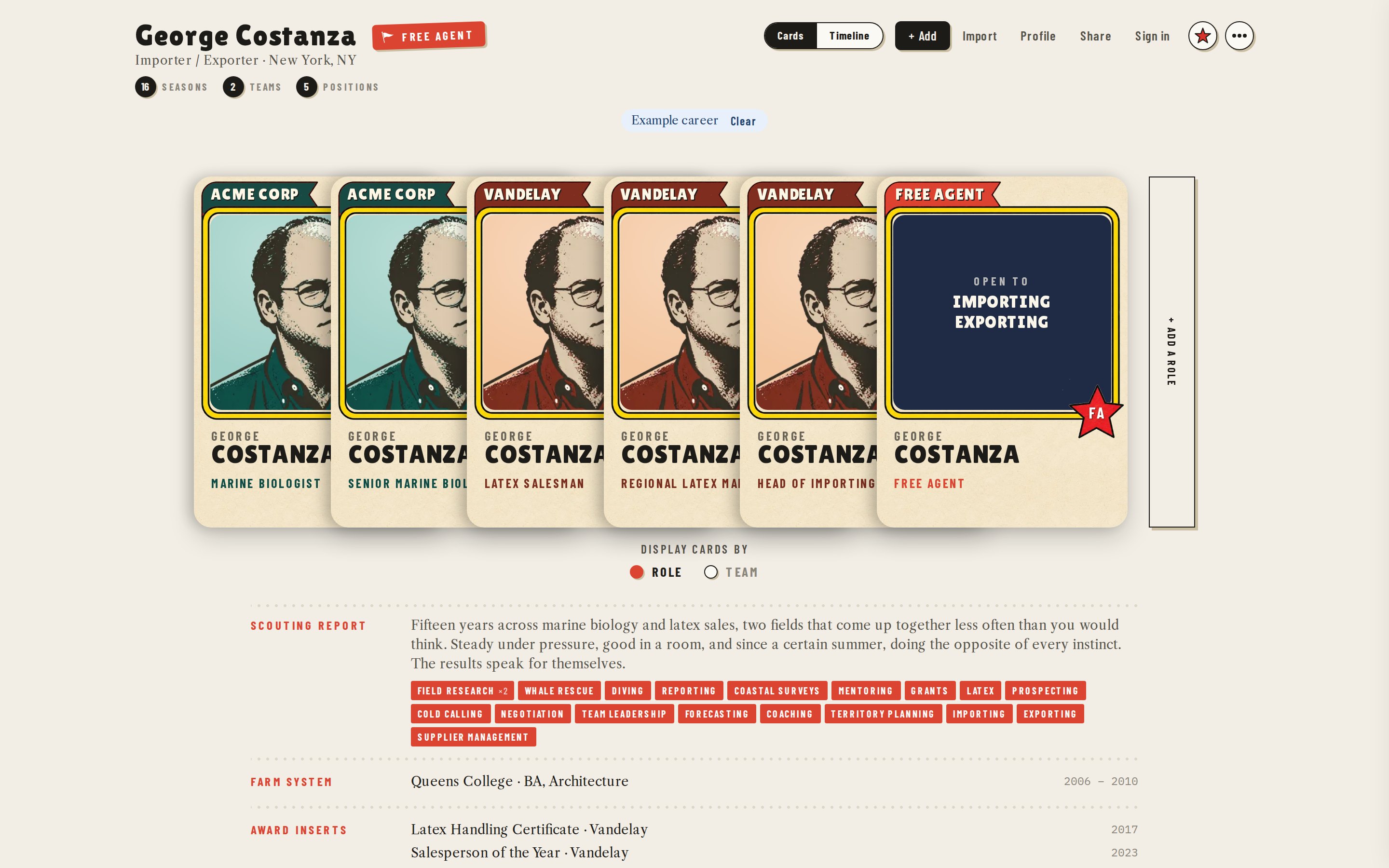 George Costanza's example pack in the Vintage style: five role cards and a free-agent card on cream stock