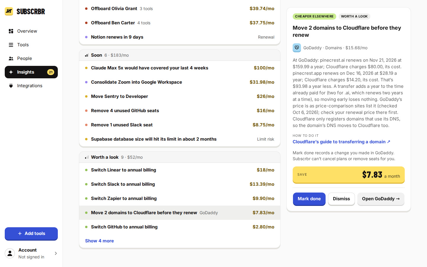 Subscrbr recommendations: a smaller Sentry tier, unused seats, and a Cheaper elsewhere card moving two domains from GoDaddy to Cloudflare for $93.98 a year less